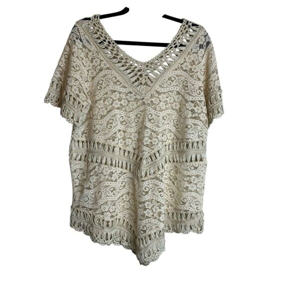 Embroidered Lace Crochet Short Sleeve Ivory Blouse Top Cami Sz S Boho Y2K Retro - Picture 4 of 7